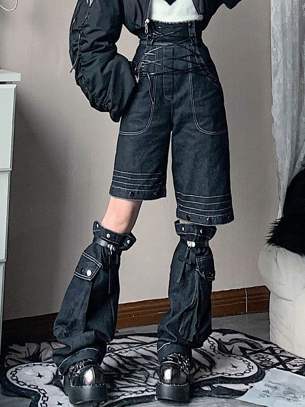 Lace-up style suspender jeans