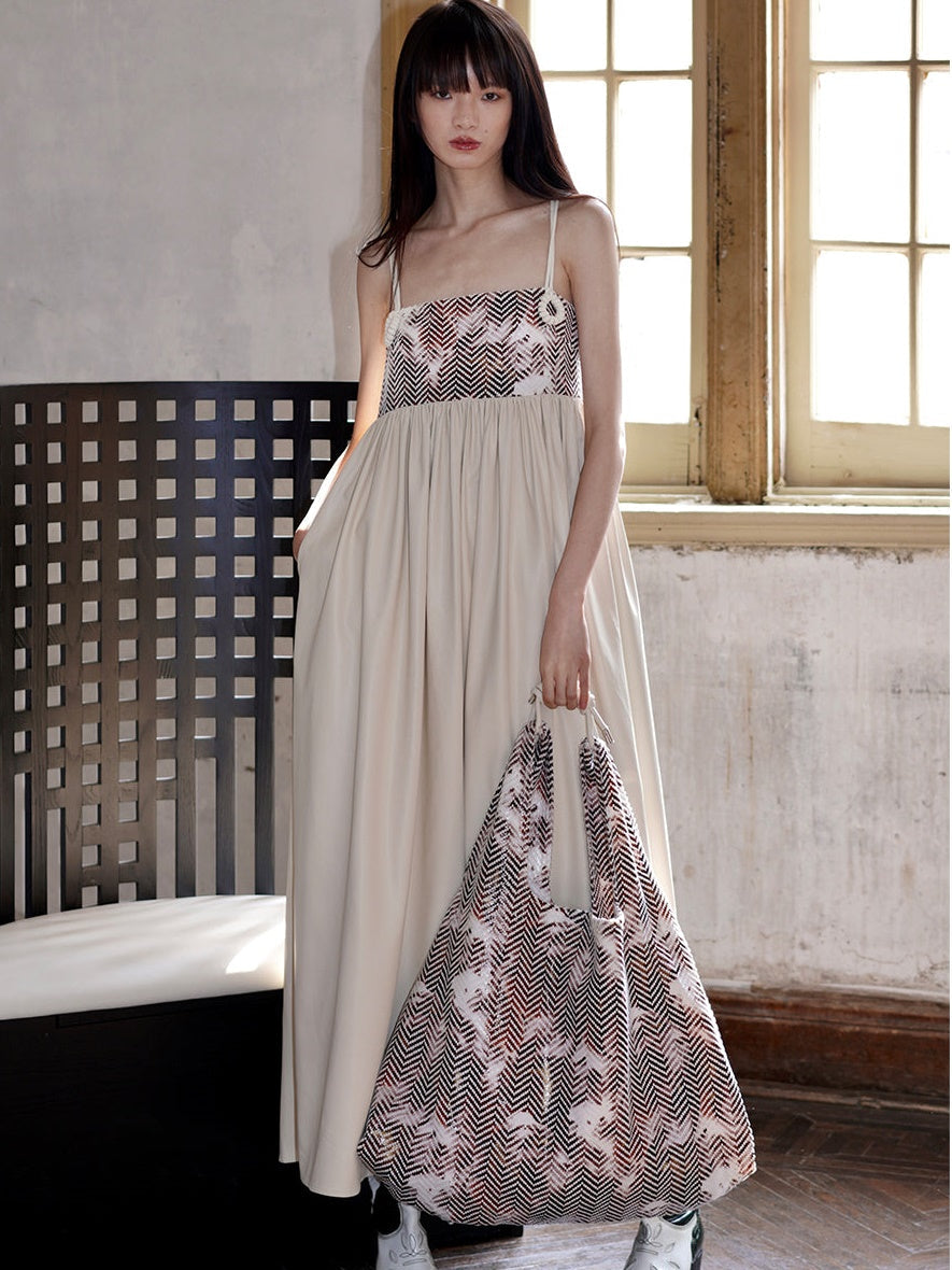 Stitching PU Leather Long Suspender Dress