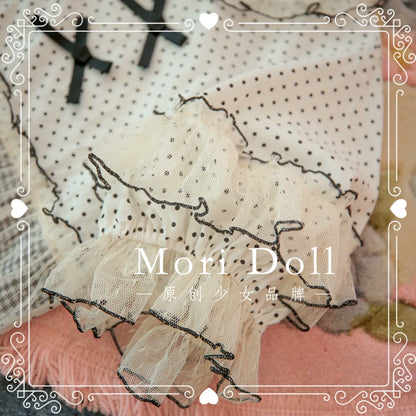 Mori Doll - Peach Tea - Sweet Lolita Dot and Stripe Print Short Sleeve Blouse
