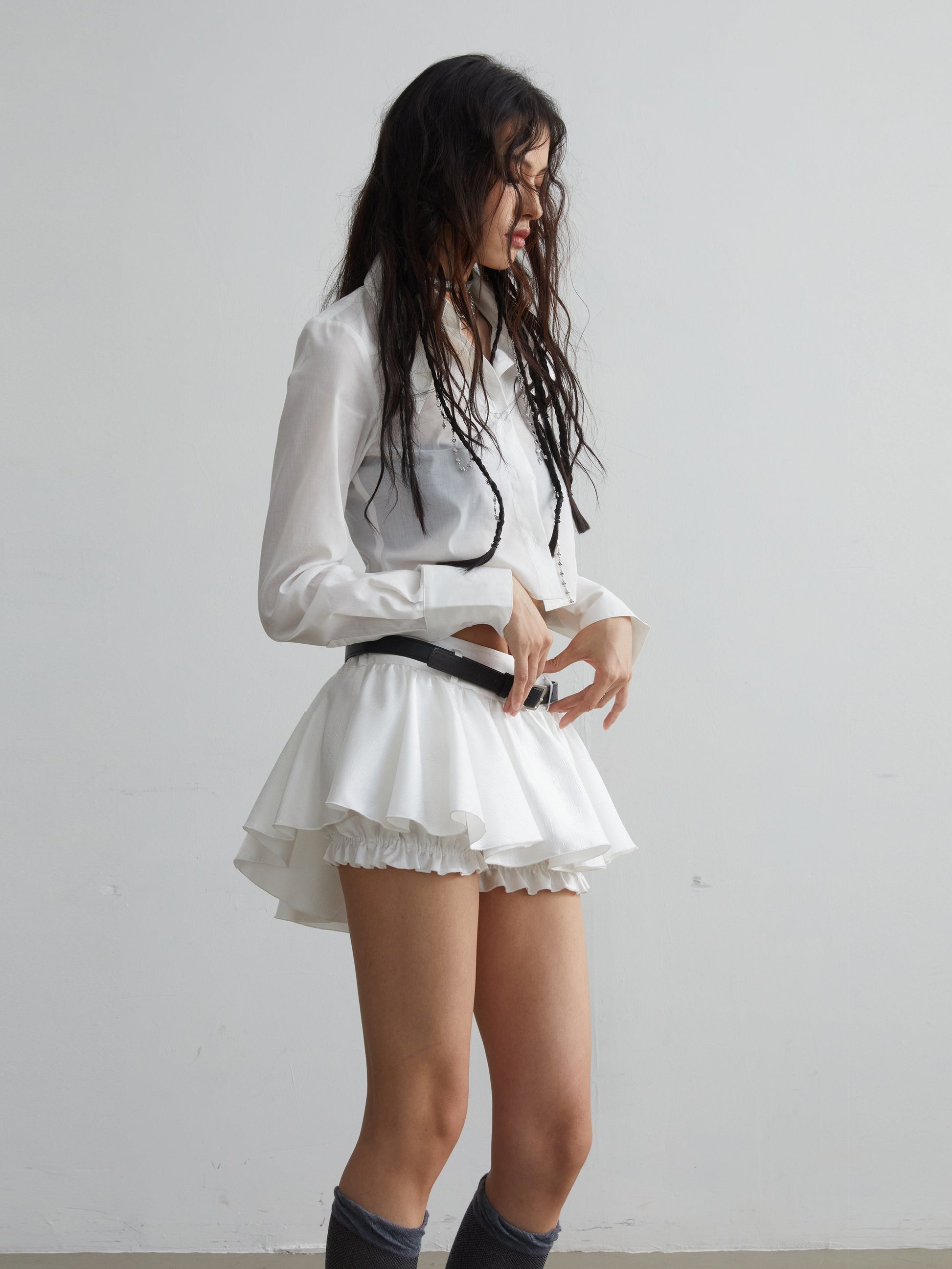 Belt Decoration Ruffled Mini Skirt