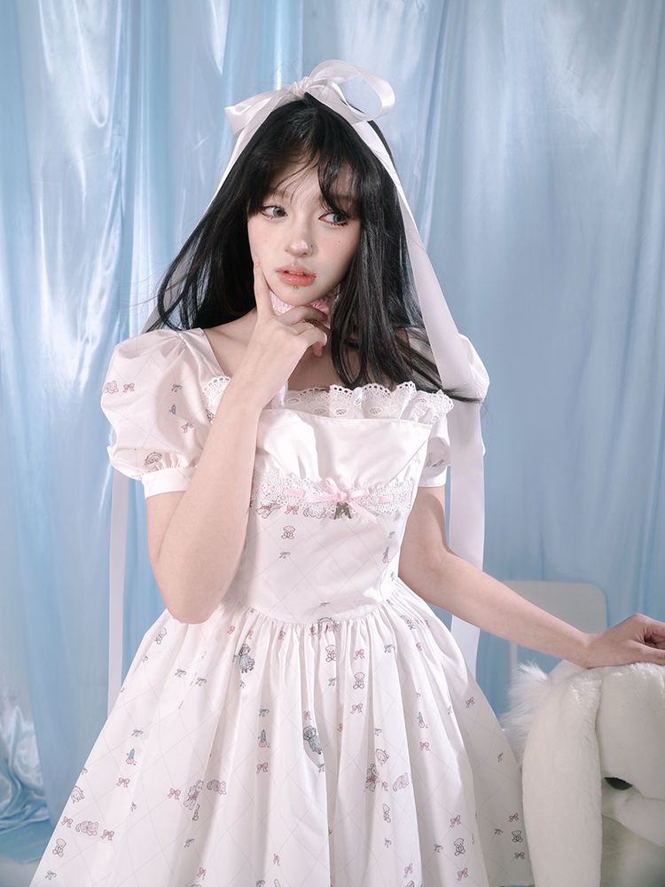 Print puff sleeve lace dress【s0000002172】