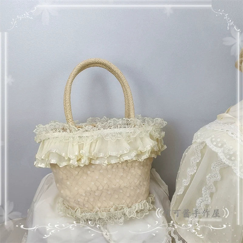 Cocoa Jam - Retro Lolita Hat Hand-basket Ivory Lace Lolita Hat Hand-basket