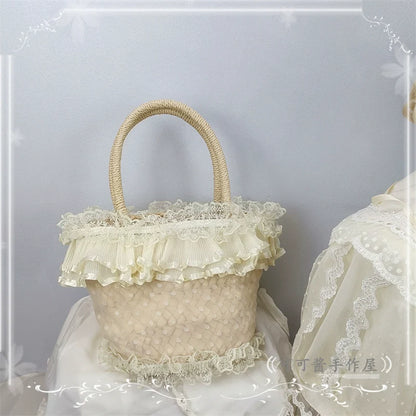 Cocoa Jam - Retro Lolita Hat Hand-basket Ivory Lace Lolita Hat Hand-basket