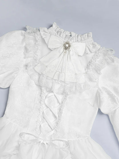 With PUJI - Fallen Heaven - White Gothic Lolita OP Set, Double Layered Skirt