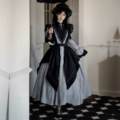 With PUJI - Nocturne SP - Striped Gothic Lolita OP Twin Lolita Dress with Apron