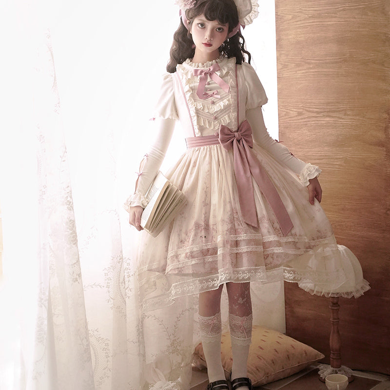Half Sweet Lolita - Doll Garden - Sweet Lolita JSK Dress Cat Print Pink Dress Set