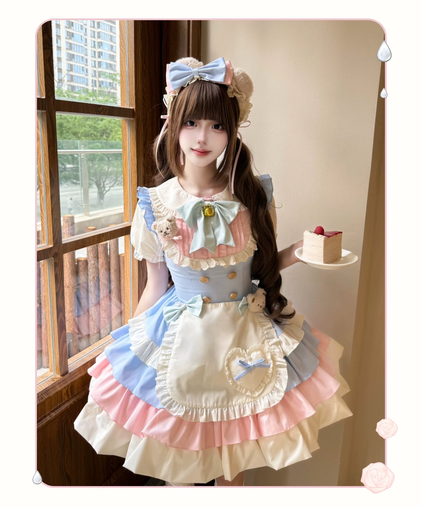 Platycodon House - Cream Puff - Sweet Lolita Apron OP Dress, Bunny & Bear Details