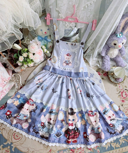 Night Never Sleeps - Bunny Meow Bear - Kawaii Lolita Salopette Bear Print Dress