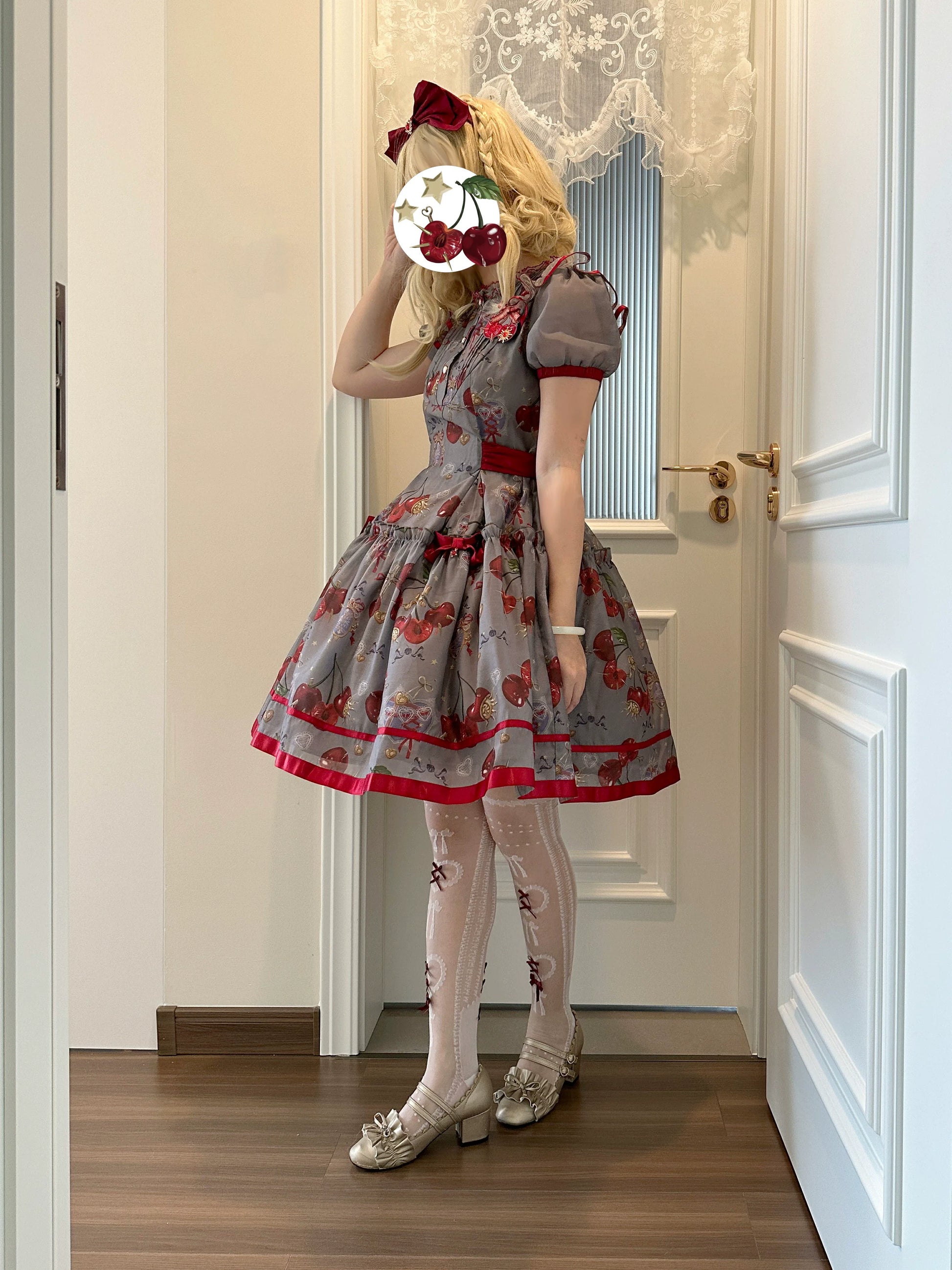 Gloaming - Sweet Lolita Cherry print Short Sleeve OP and SK Set