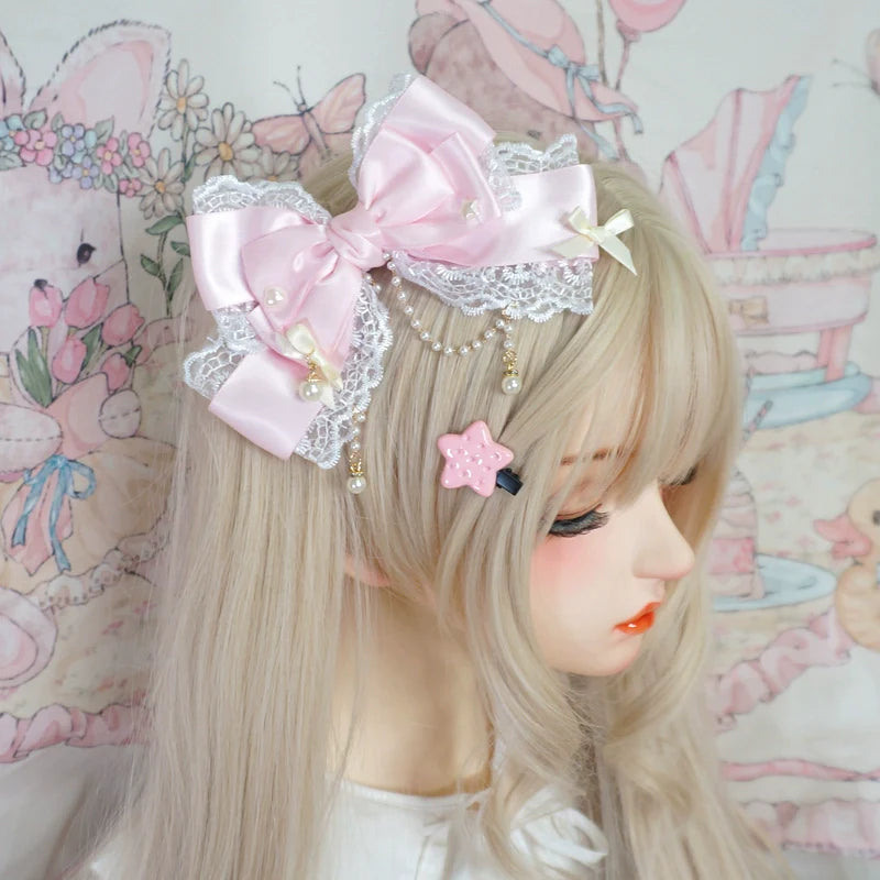 MaoJiang Handmade - Dreamy Sweet Lolita Layerd Bow Hair Clip, Pearl Accents