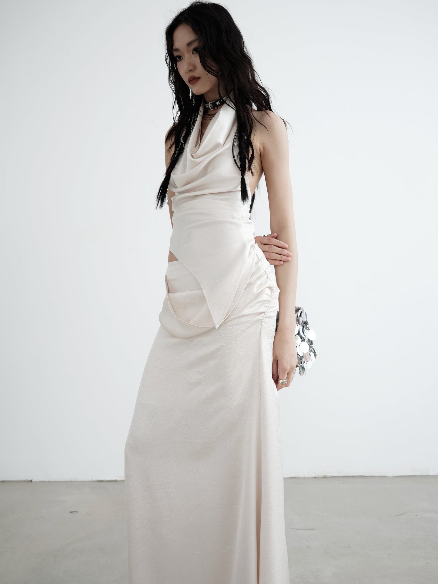 Draped Halter-neck Sleeveless Top & Maxi Skirt Set-up