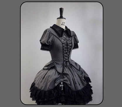 Susin Lolita - Striped Cross - Gothic Coordinated Lolita Set, Adjustable Blouse & Skirt