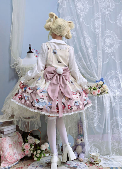 Night Never Sleeps - Bunny Meow Bear - Kawaii Lolita Salopette Bear Print Dress