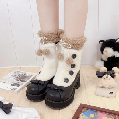 Dolly Doll - Winter Lolita Boots Fur Mary Jane Lolita Low Heel Shoes