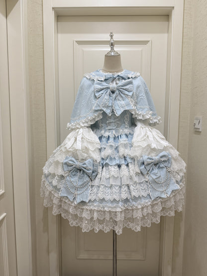 Hanguliang - Cross Heart Knot - Sweet Lolita JSK Suit Tiered Ruffles Dress with Lace Blouse