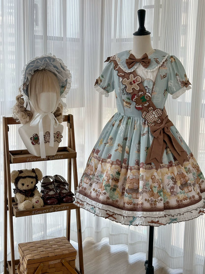 Babyblue - Little Bear Honey Jar - Kawaii Lolita Short Sleeve OP Gingerbread Man Embroidered Dress