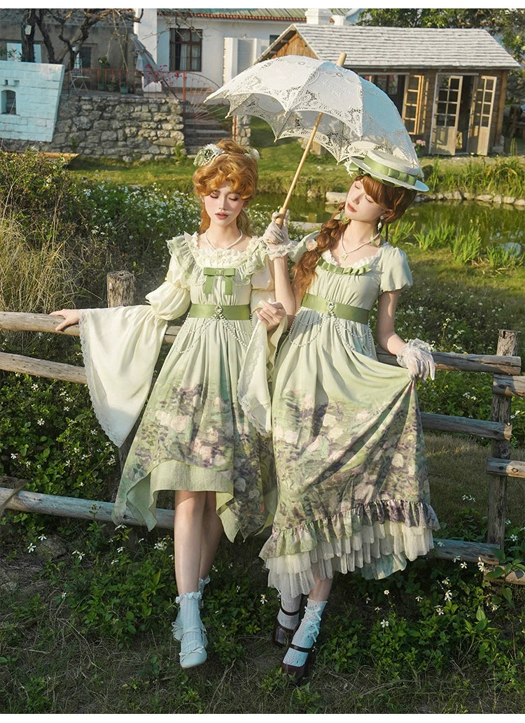 With PUJI - Blooming Rose - Chiffon Classic Lolita Dress Set Painting Styled OP & JSK