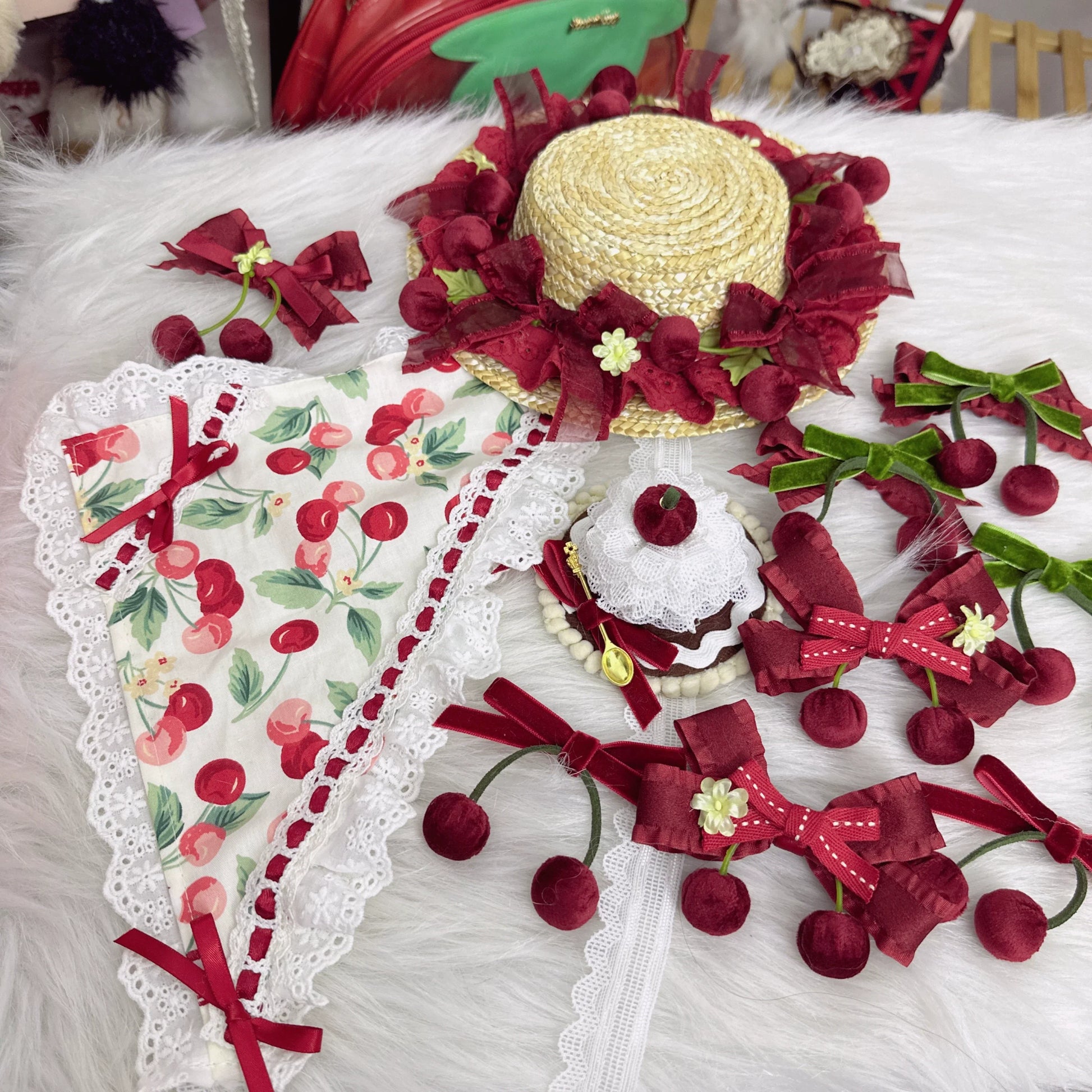 Chestnut Lolita - Sweet Lolita Headdress Cherry Hair Clip Straw Hat Necklace Handmade Set