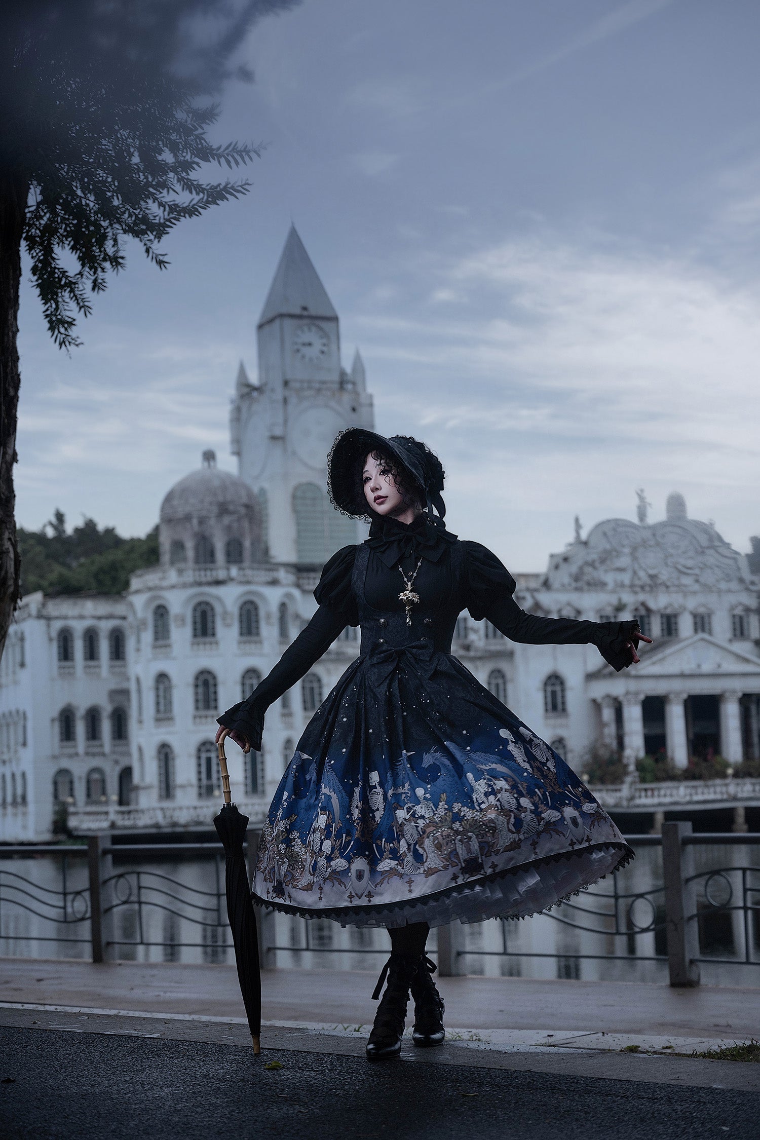 Nn Star - Dragonbone Lily - Dragon Skeleton Print Gothic Lolita Bust-supporting JSK and BNT