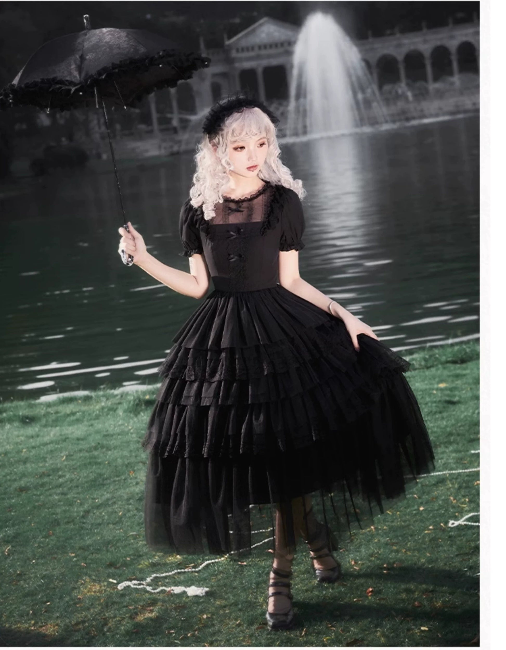 With PUJI - Ivory Tower Enhance - Elegant Lolita JSK Dress Tiered Drawstring OP