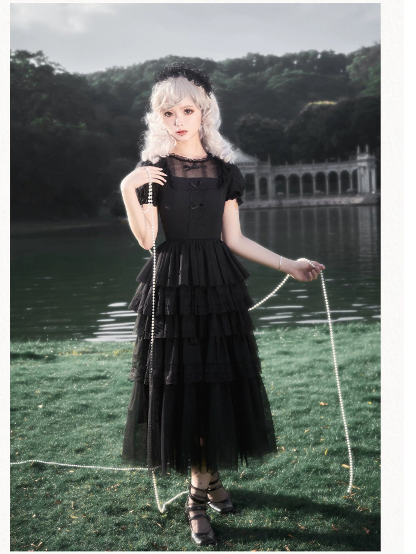 With PUJI - Ivory Tower Enhance - Elegant Lolita JSK Dress Tiered Drawstring OP