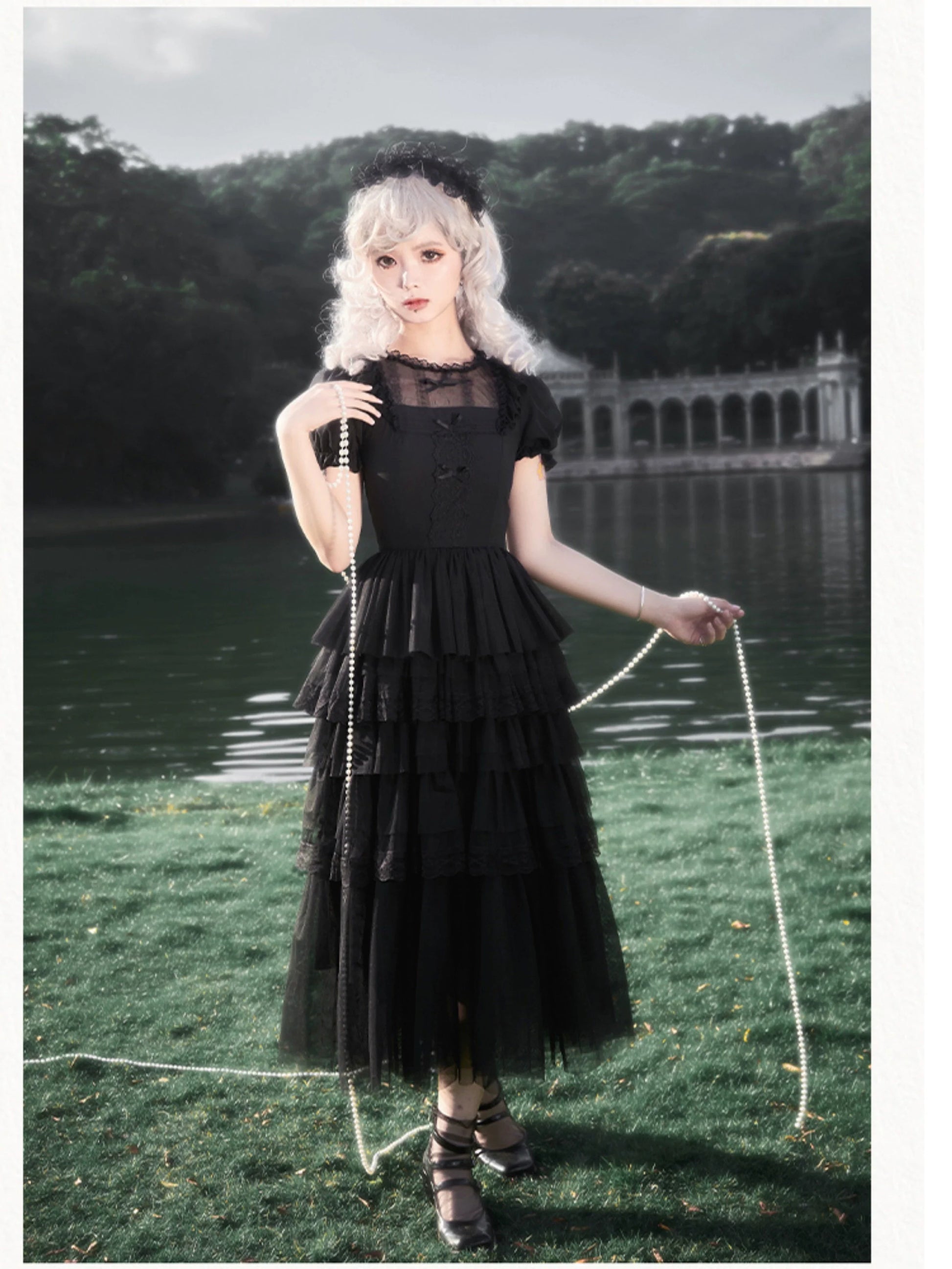 With PUJI - Ivory Tower Enhance - Elegant Lolita JSK Dress Tiered Drawstring OP