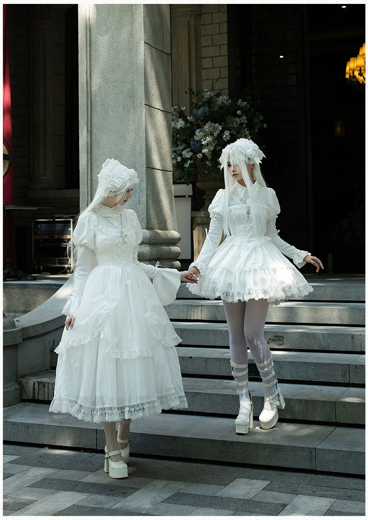 With PUJI - Fallen Heaven - White Gothic Lolita OP Set, Double Layered Skirt