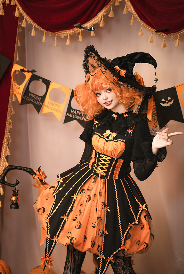 Lemon Honey - Halloween Gothic Lolita Jumper Dress, Pumpkin-inspired Dress