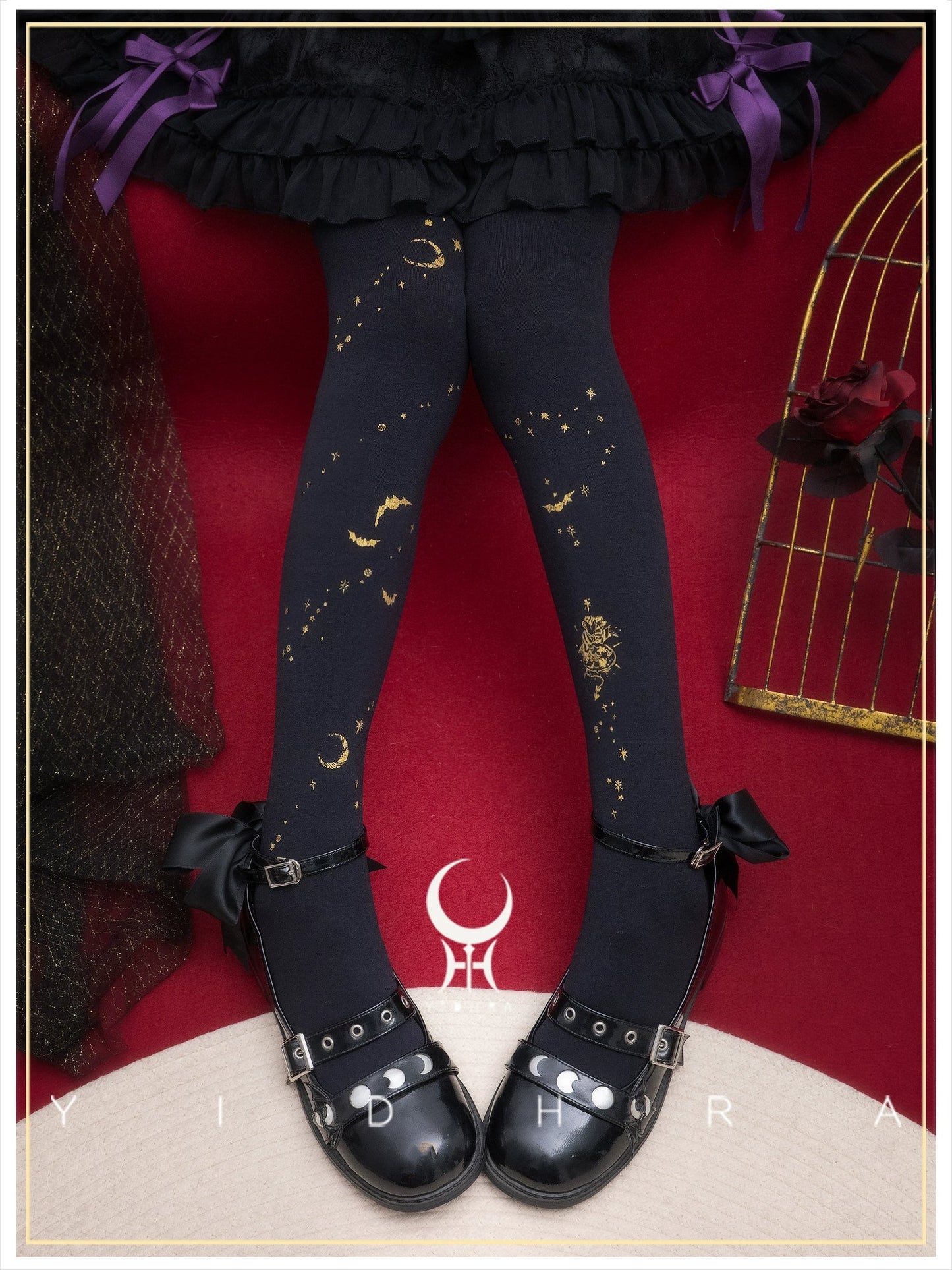 Yidhra - Gothic Lolita Pantyhose, Gold Stars & Moon Pattern