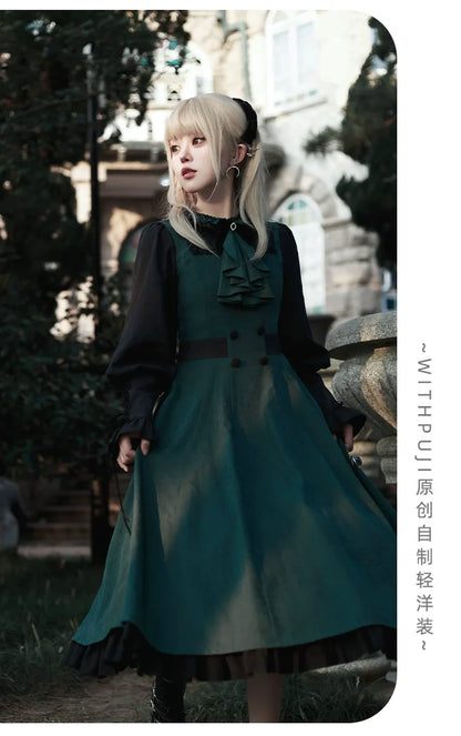 With PUJI - College of Potions - Elegantt Lolita OP Dress Black and Green Dress with Cape
