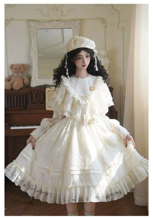 With PUJI - Floral Melody - Ivory Classic Lolita Long Sleeve OP Dress with Layered Bolero