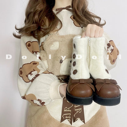 Dolly Doll - Winter Lolita Boots Fur Mary Jane Lolita Low Heel Shoes
