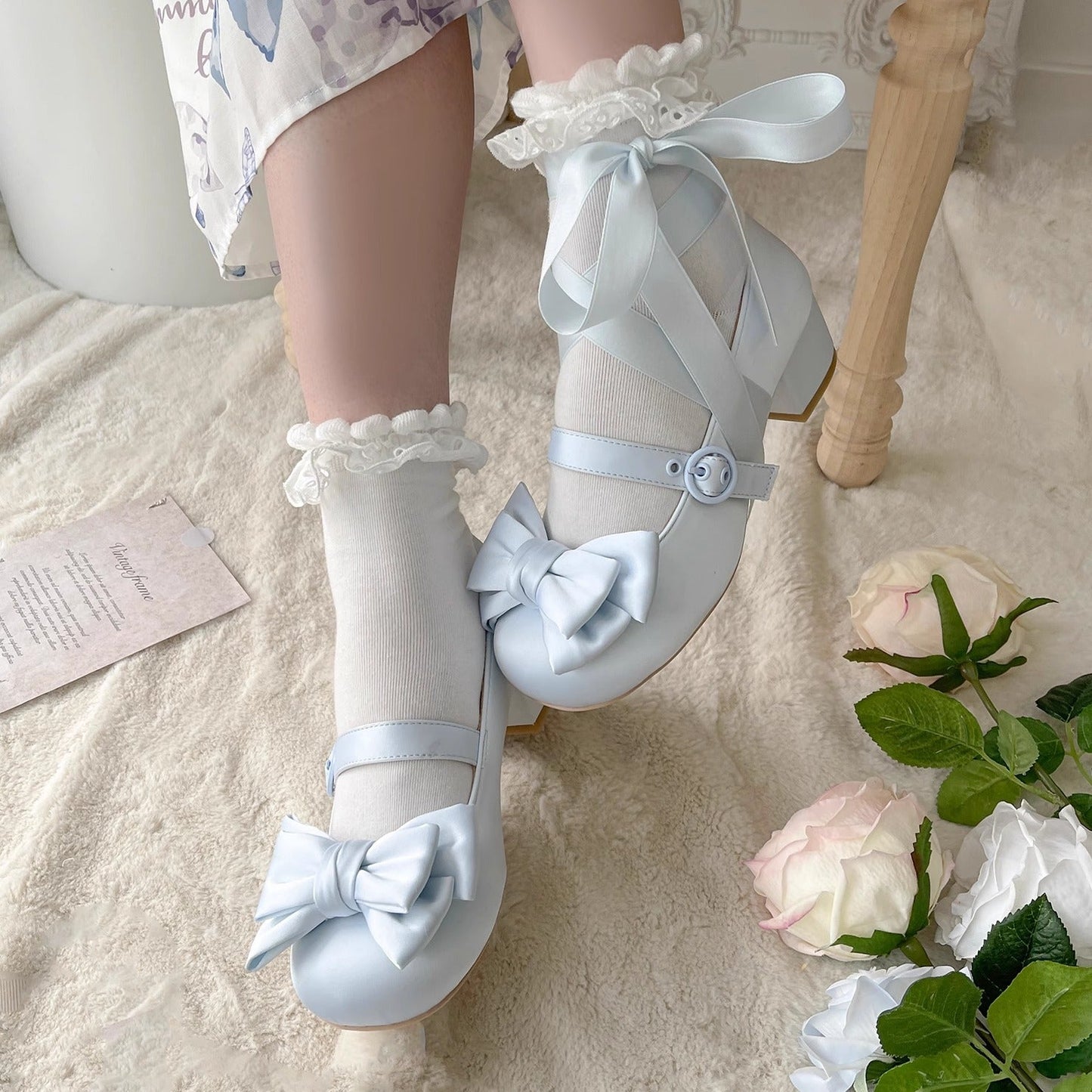 MODO - Sissi - Sweet Lolita Shoes Satin Low Chunky Heels with Bow
