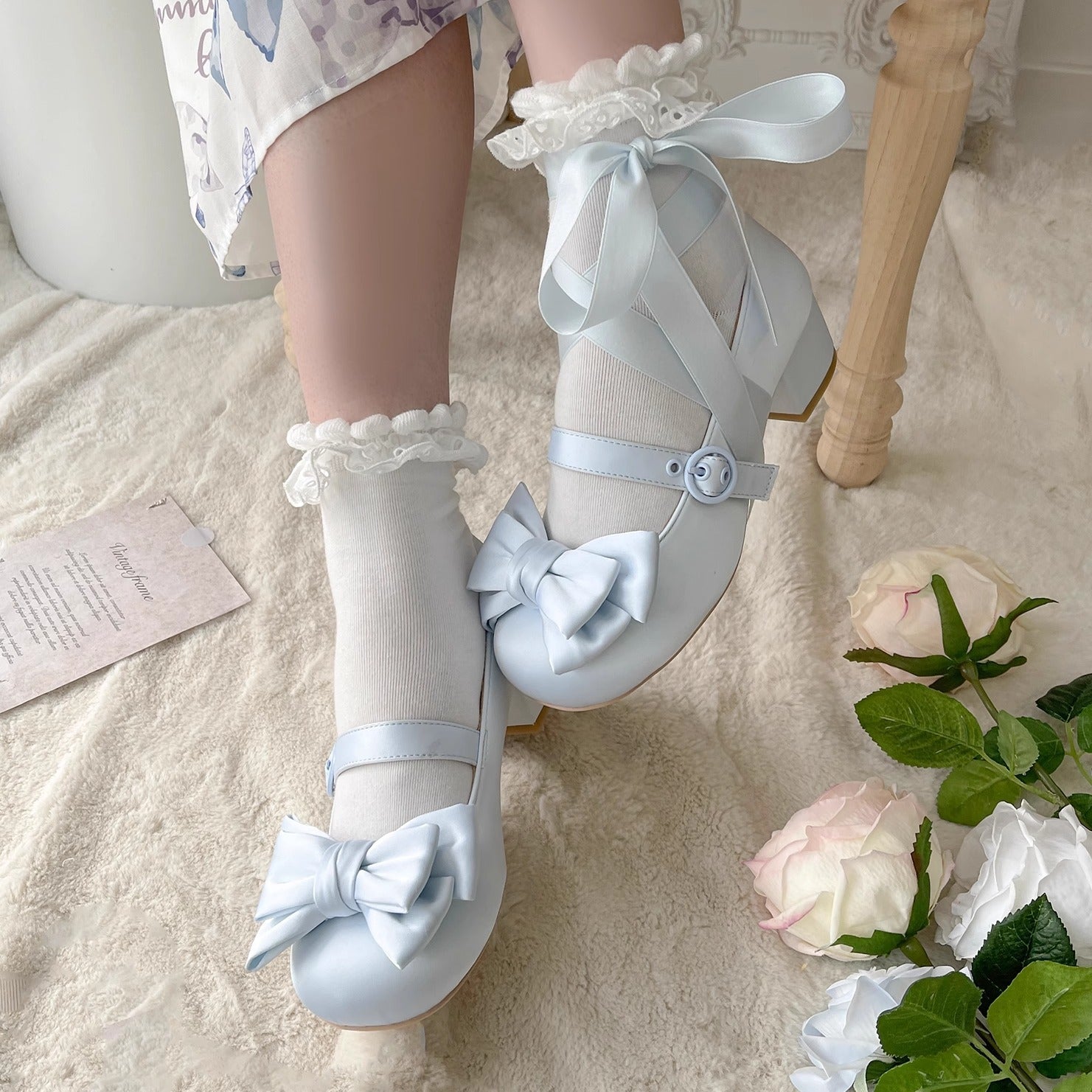 MODO - Sissi - Sweet Lolita Shoes Satin Low Chunky Heels with Bow