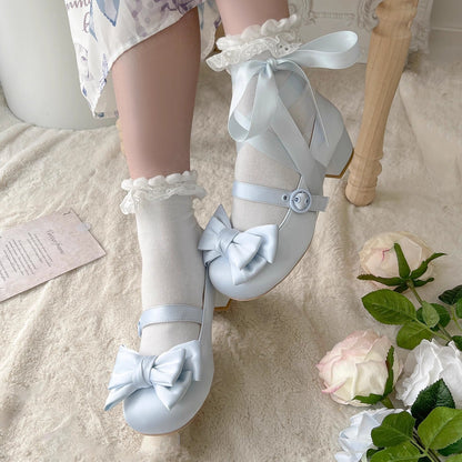 MODO - Sissi - Sweet Lolita Shoes Satin Low Chunky Heels with Bow