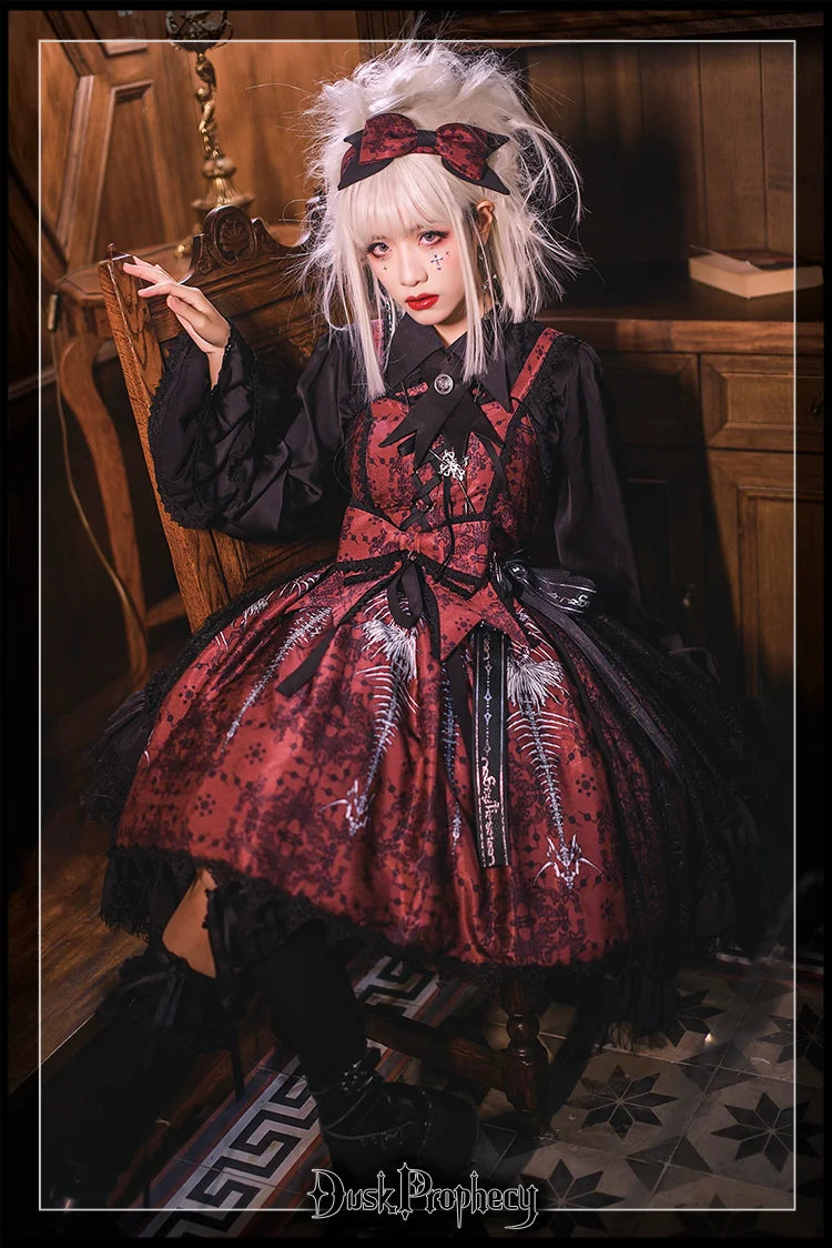DuskProphecy - Coccyx - Elegant Lolita Dress High Waist Fishbone Print JSK Set