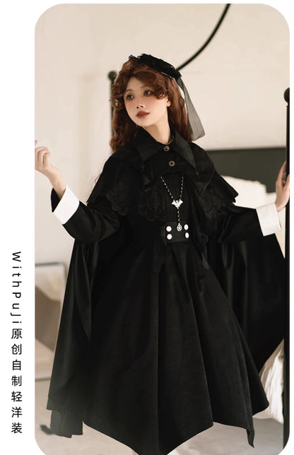 With Puji - Pilgrim - Black Gothic Lolita Cape, Detachable 2-Piece