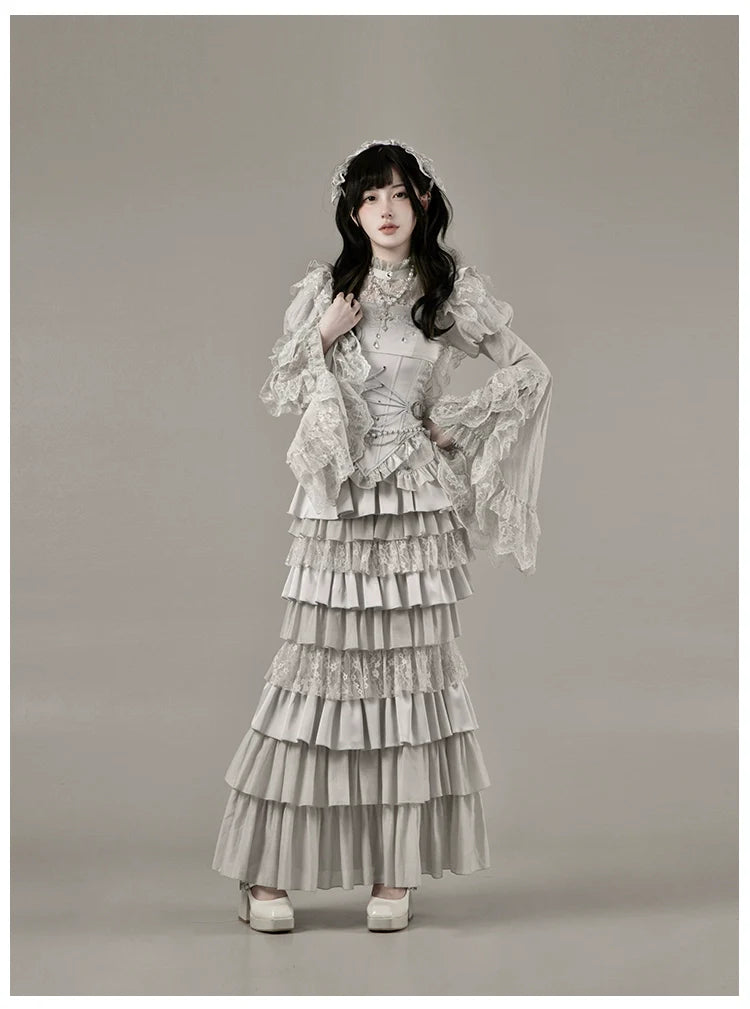 With PUJI - Letter and Poetry ﾂｷ Humanoid Robot - Silver Gothic Lolita Mermaid Skirt Set