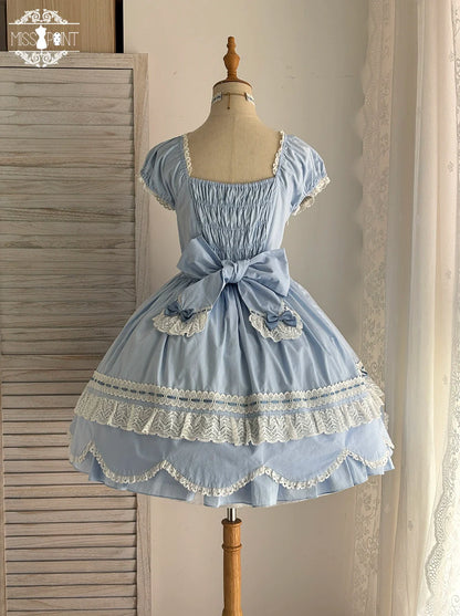 Miss Point - Vintage Petal Rabbit - Old School Lolita OP Cotton Dress With Petal-Shaped Hem