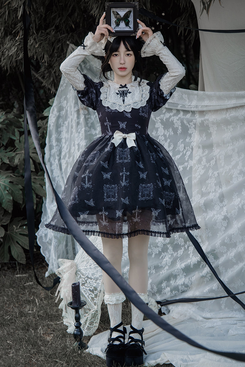 With PUJI - Gothic Butterfly Printing Embroidery Lolita OP