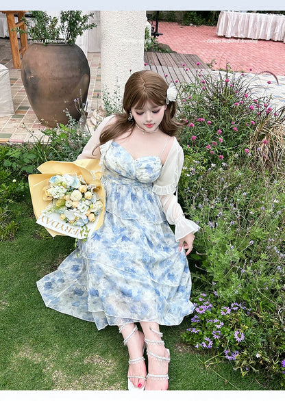 Yingtang - Plus Size Blue Lolita JSK Dress Cardigan Set New Arrival