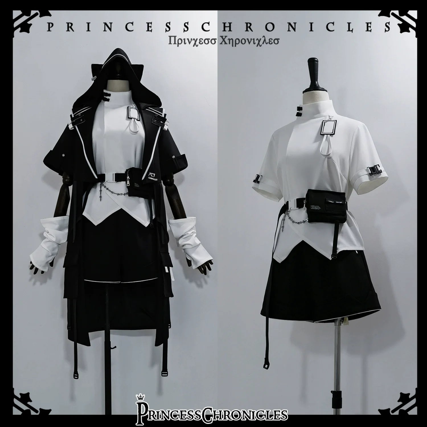 Princess Chronicles - White Cat Dark - Techwear Cyberpunk Cat Ear Hooded Jacket, Pocket Shorts