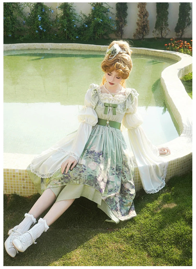 With PUJI - Blooming Rose - Chiffon Classic Lolita Dress Set Painting Styled OP & JSK