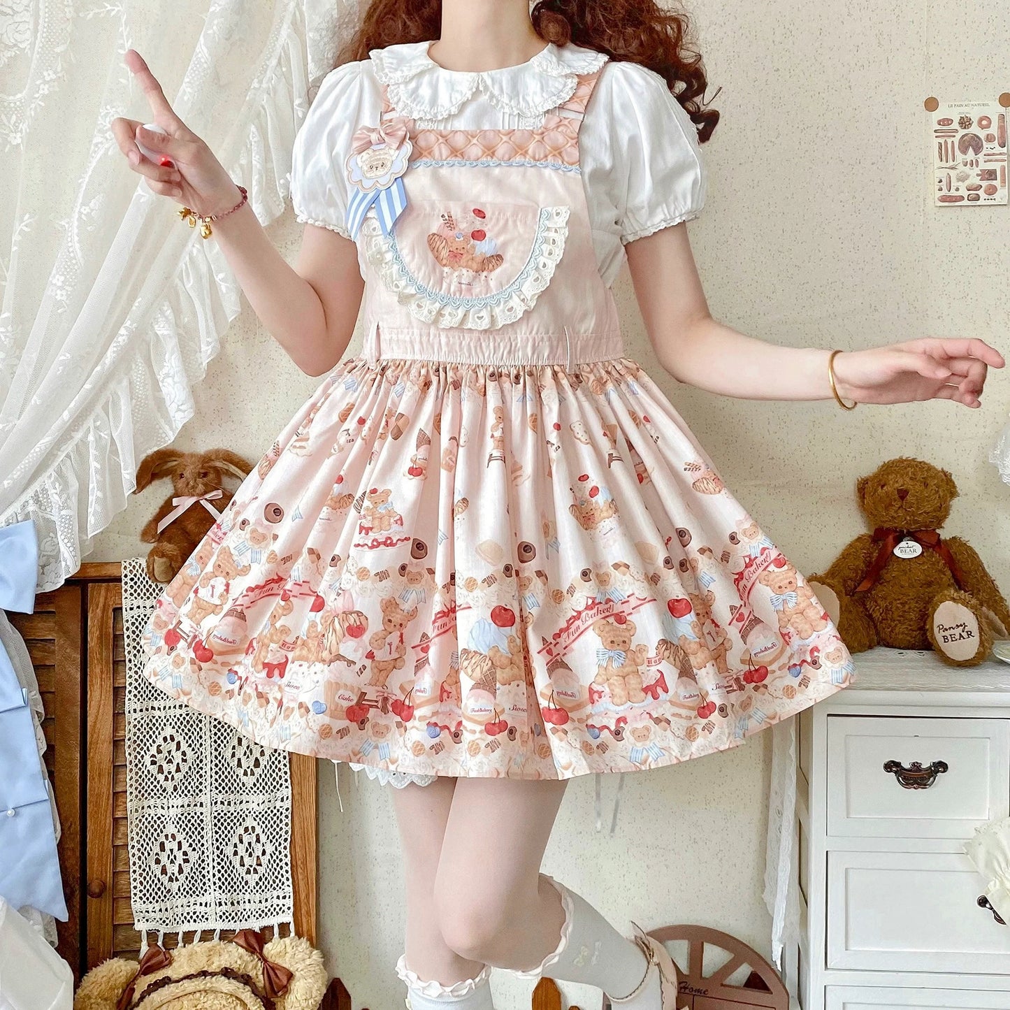 White Tea Story - Little Bear Bonny - Kawaii Lolita Salopette, Bear & Dessert Print