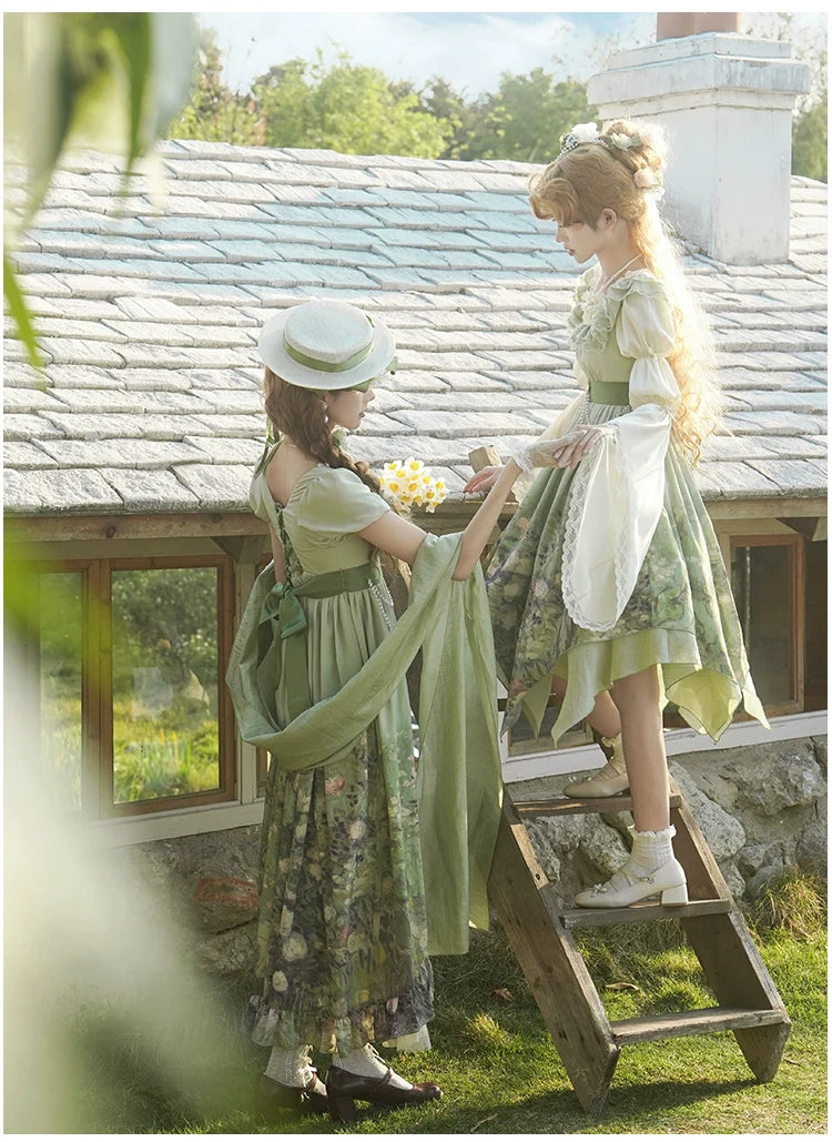 With PUJI - Blooming Rose - Chiffon Classic Lolita Dress Set Painting Styled OP & JSK