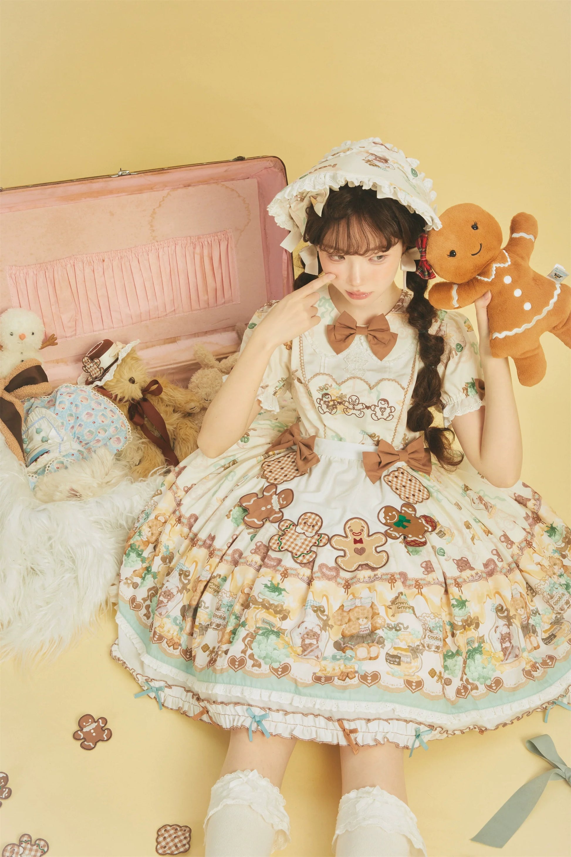 Babyblue - Little Bear Honey Jar - Kawaii Lolita Short Sleeve OP Gingerbread Man Embroidered Dress