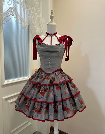 Gloaming - Sweet Lolita Cherry print Short Sleeve OP and SK Set