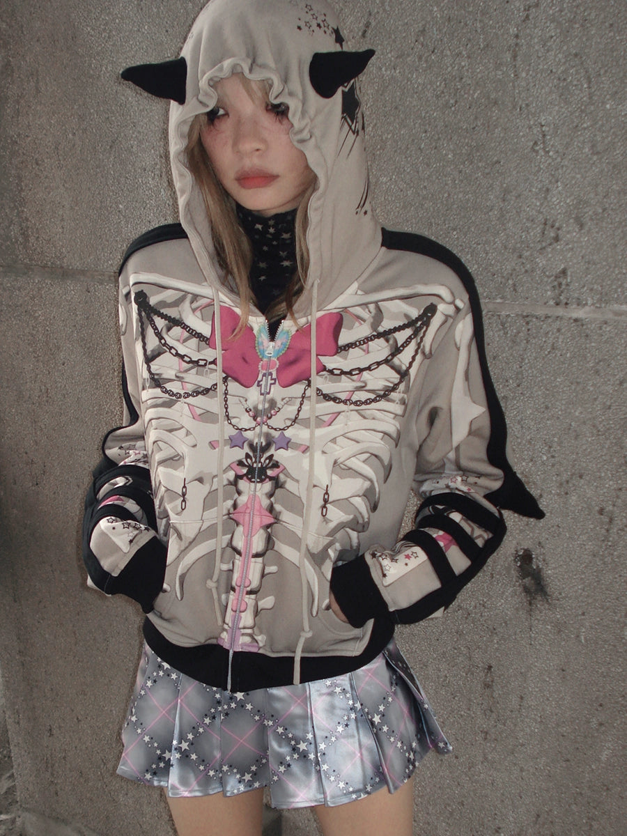 Bow Skull Print Pointed ZIP-Up Parka【s0000004229】
