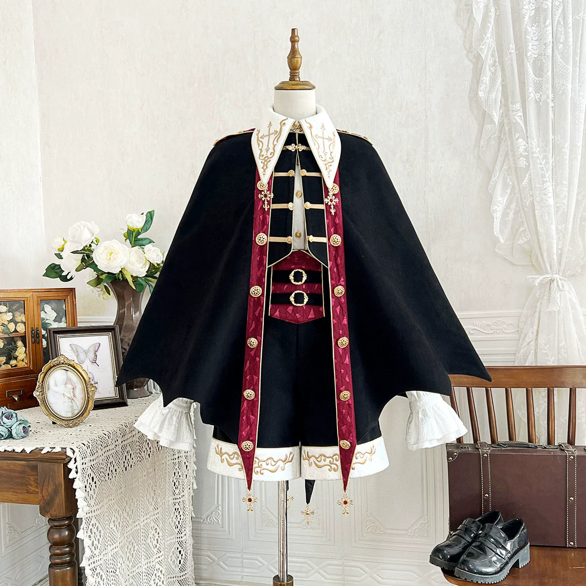 Your Princess - Vampire Youth - Ouji Lolita Bat Shaped Cape Set, Gold Embroidery & Red Accents