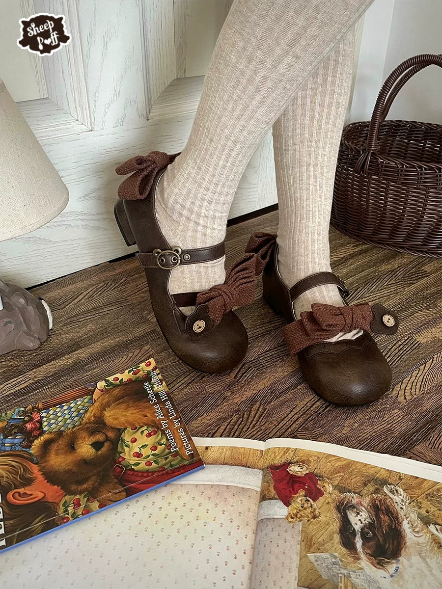 Sheep Puff - Bear Room - Sweet Lolita Shoes Double Bow Round Toe Flat Shoes